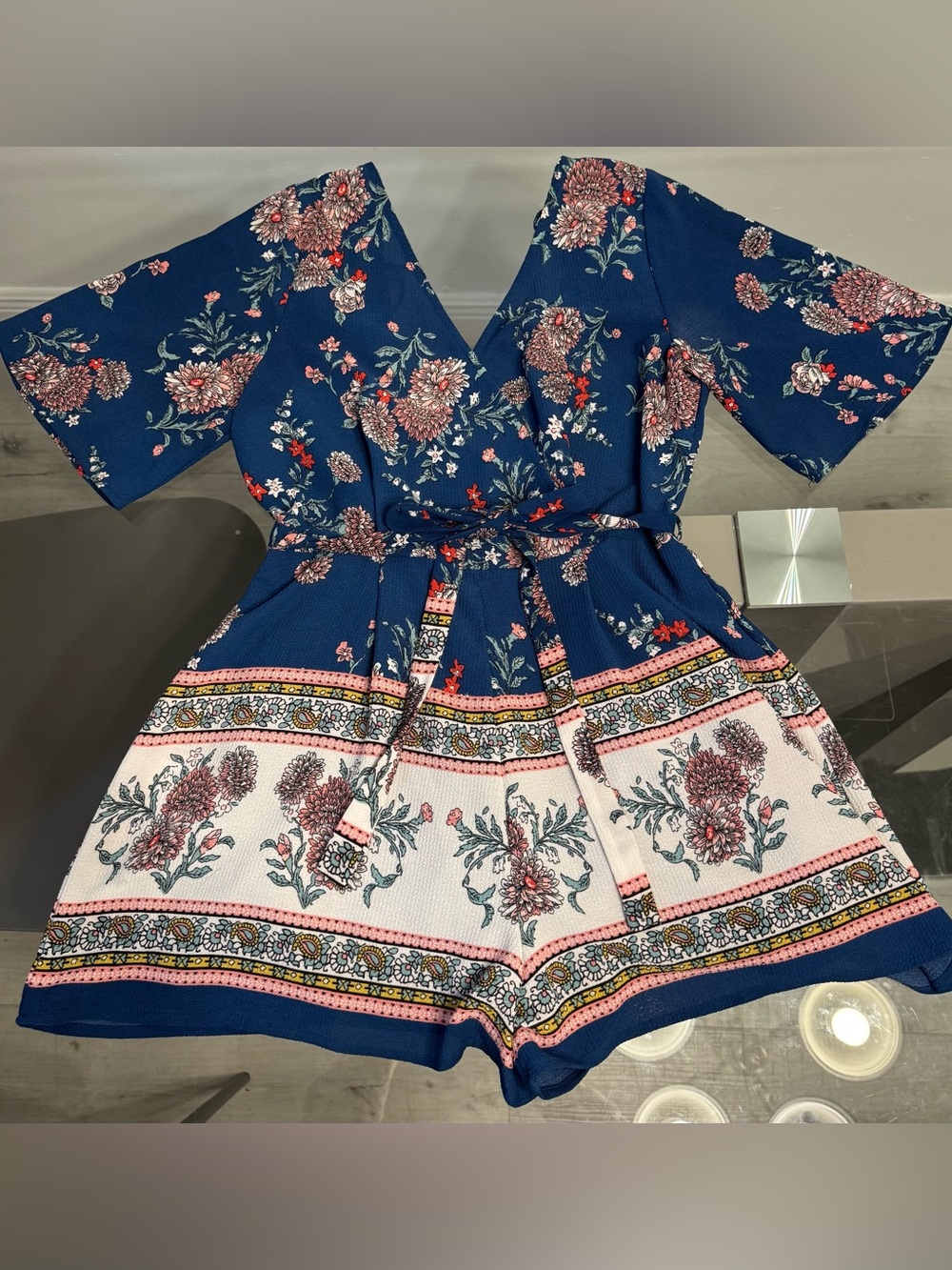 Trixxi Navy Blue Floral Mini Dress Romper with Pink & White Border
